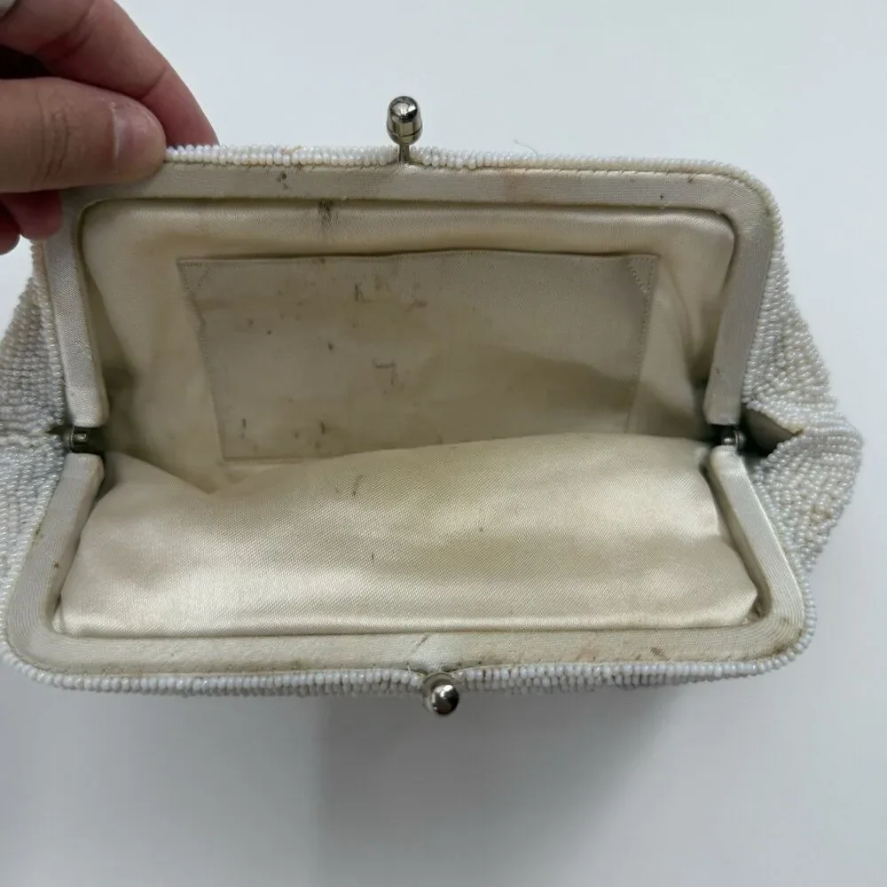 Vintage Unbranded Ivory Beaded Silver Clutch Evening Bag Small Dainty Bridal